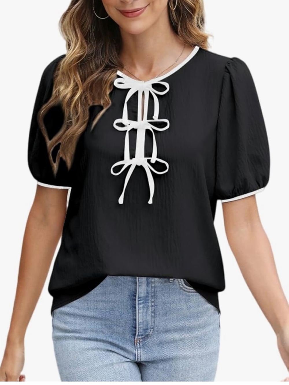 Women’s Black Top with White Trim and Front Tie